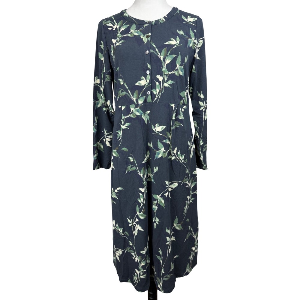 Pure Jill Women Cotton Blend Midi Dress S Navy Blue Botanical Leaf Long Sleeve